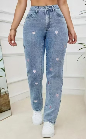 Pantaloni denim pentru femei cu broderie cu inimă, picioare drepte și elasticitate, pentru comerț exterior transfrontalier european și american