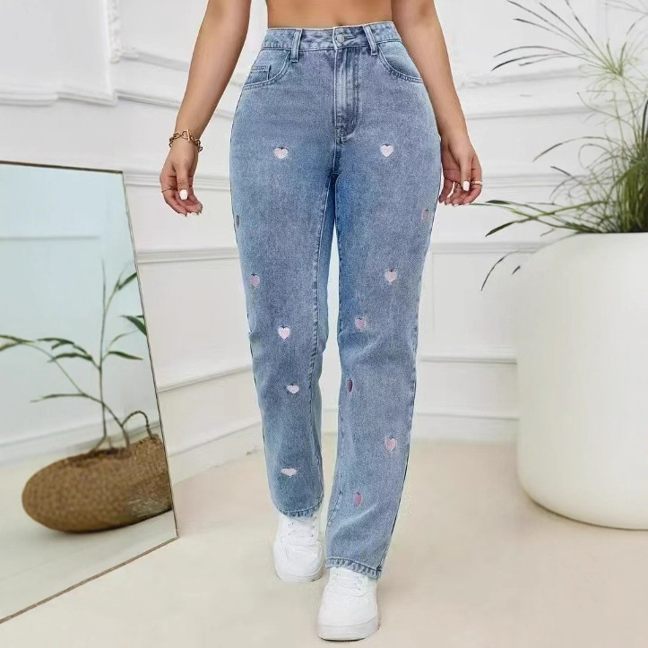 Pantaloni denim pentru femei cu broderie cu inimă, picioare drepte și elasticitate, pentru comerț exterior transfrontalier european și american