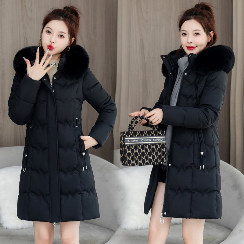 Naiste puuvillavoodriga talvejope, suur suurus, laia lõikega, topeltlukuga ja keskmise pikkusega, puuvillavoodriga