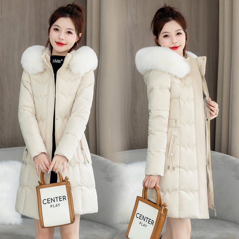 Naiste puuvillavoodriga talvejope, suur suurus, laia lõikega, topeltlukuga ja keskmise pikkusega, puuvillavoodriga