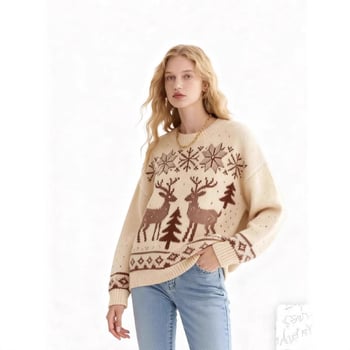 2025. aasta Euroopa ja Ameerika piiriülene sügis/talv uus kvaliteetne žakaarkootud jõulukampsun ümara kaelusega ja antiloopimustriga naistele - ülipopulaarne ja vabaaja stiil.