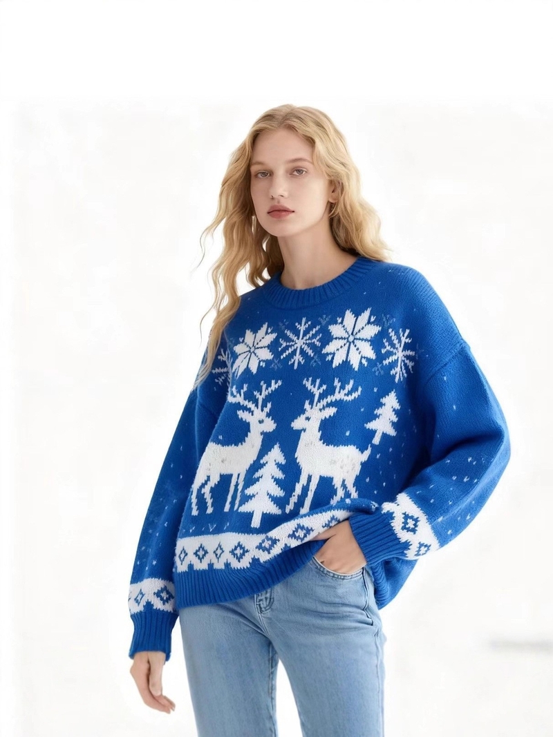 2025. aasta Euroopa ja Ameerika piiriülene sügis/talv uus kvaliteetne žakaarkootud jõulukampsun ümara kaelusega ja antiloopimustriga naistele - ülipopulaarne ja vabaaja stiil.