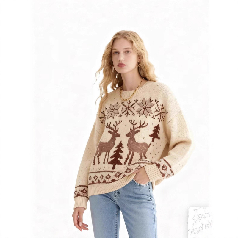 2025. aasta Euroopa ja Ameerika piiriülene sügis/talv uus kvaliteetne žakaarkootud jõulukampsun ümara kaelusega ja antiloopimustriga naistele - ülipopulaarne ja vabaaja stiil.