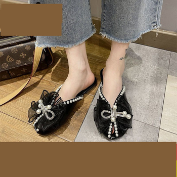 Naiste suvised sandaalid lameda tallaga, sobivad õues kandmiseks, rannariided, stiil 2022, kikilips, võrkkangas, pärlmutter, moodne uus disain pitsiga.