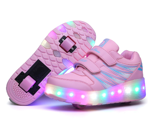 Gyermek görgős tornacipő világító talppal, fekete és rózsaszín színben