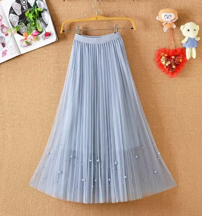 Fusta de damă elegantă cu perle și tul - mai multe culori