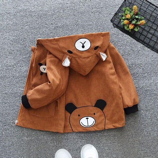 Geaca moderna pentru baieti pentru copii cu gluga si element 3D in maro, galben si portocaliu