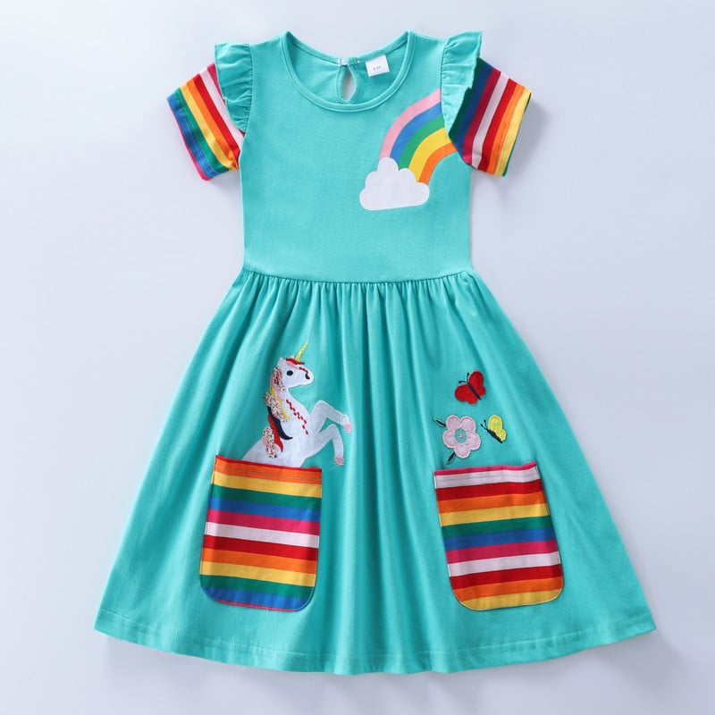 Rochie unicorn cu mâneci scurte pentru fetiță rochie de desene animate ponei rochie din bumbac brodat imprimat cu gât rotund pentru fete copii rochie de vară