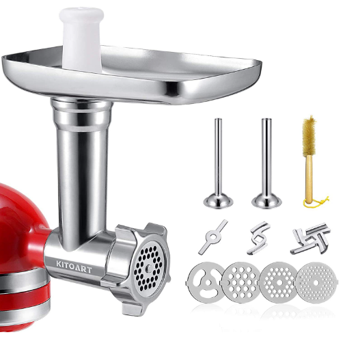 Élelmiszerdaráló tartozék a KitchenAid állványos keverőkhöz Tartalmazza a kolbásztöltőt, gumókat, darálólapokat, húsdaráló rögzítőket