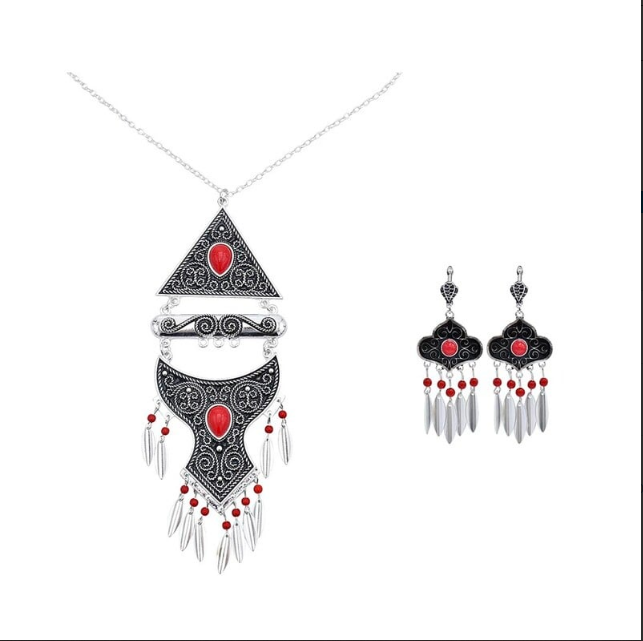 Boemia, vintage, albastru, piatră acrilică, margele, ciucuri, colier, cercei, pentru femei, India, țigan, boho, set de bijuterii etnice africane
