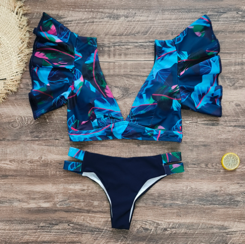 Set de bikini pentru femei 2022, costum de baie cu umeri cu volan, cu imprimeu sexy, costum de baie cu talie înaltă, costum de baie push up, îmbrăcăminte de plajă, femeie