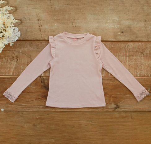 Ежедневна детска блуза за момичета в слим модел с интересна къдрава О-образна яка в три цвята 