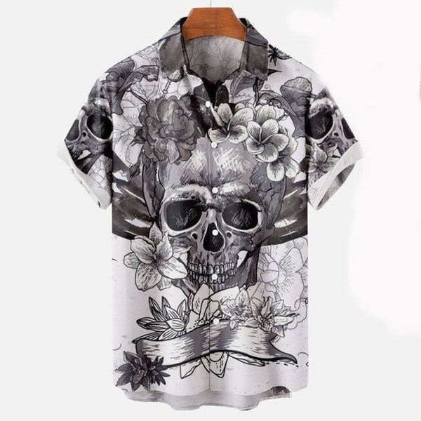 2022 Skull τρισδιάστατη εκτύπωση με πέτο Χαβάης Πουκάμισο Χαβάης Φαρδιά αναπνεύσιμα ανδρικά πουκάμισα Casual μόδα κοντομάνικο ανδρικό πουκάμισο του δρόμου