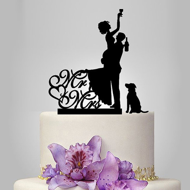 r és Mrs Esküvői torta fedő, Menyasszony és Vőlegény kutyával Silhouette tortafestő,Pár és kutya esküvői torta dekorációs kellékek