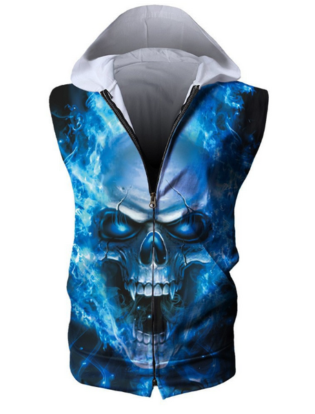 UJWI Bluză fără mâneci pentru bărbați, cu glugă, cu imprimeu rece, verde, cu craniu cu flacără, pentru culturism, fitness, maiouri de corp, cu uscare rapidă, pentru plajă