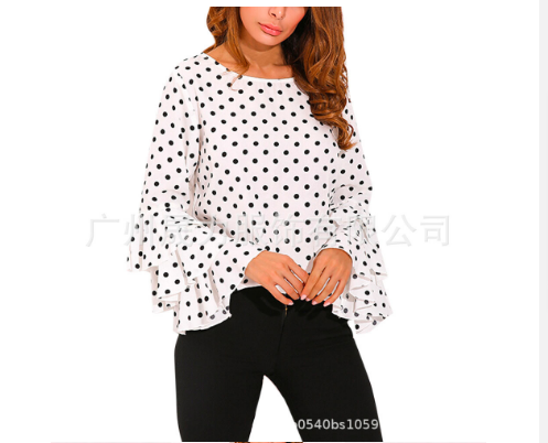 Дамски блузи, щампи на точки, ризи с изпъкнали ръкави, секси шифонени блузи с V-образно деколте и дълги ръкави, горнища, корейска бяла черна блуза