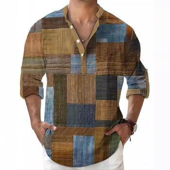 Мъжки тениски с 3D раирани графични щампи с дълъг ръкав Пролет Есен Ежедневни тениски със стойка яка