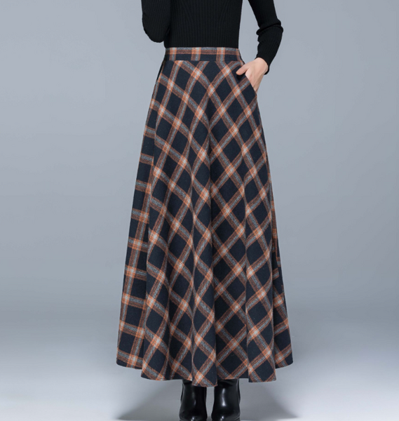 Elegantne karirane duge suknje od tvida velike veličine za žene Jesen Zima Elastična suknja visokog struka A kroja Ležerne široke suknje Ulična odjeća
