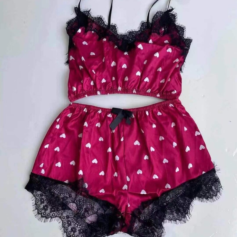 2 TK naiste magamisriided Seksikas satiinist pidžaamakomplekt, magusa trükiga camisole pidžaama, pitsist V-kaelusega pidžaamad, varrukateta Cami top ja lühikesed püksid