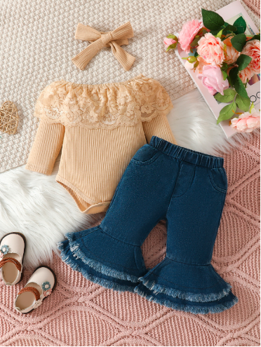 Lapsed Beebid Tüdrukud Kaheosalised rõivad Moodsad püksid, kostüümid, pikkade varrukatega pits, kootud teksapüksid, peapael