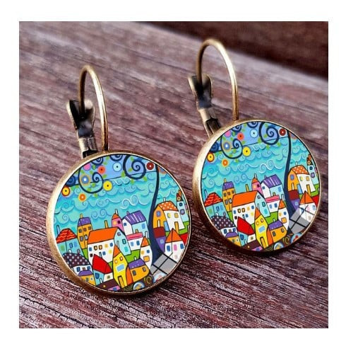 Novi dolazak, šarena kuća i stablo, ženske naušnice s klinovima, apstraktna uljana slika, staklene kabochon, ženske naušnice, nakit
