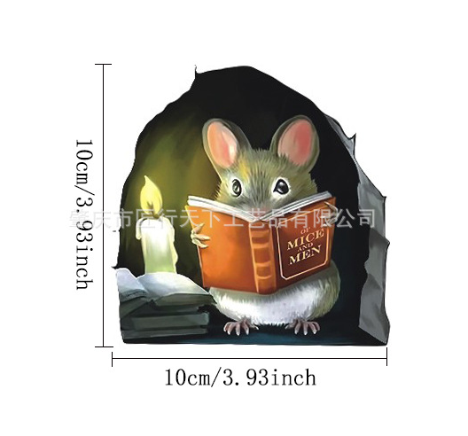 M735 Aranyos egérlyuk falmatrica , Egér olvasókönyv fali lyukban matrica, Egérlyuk matrica, Egér olvasó dekor