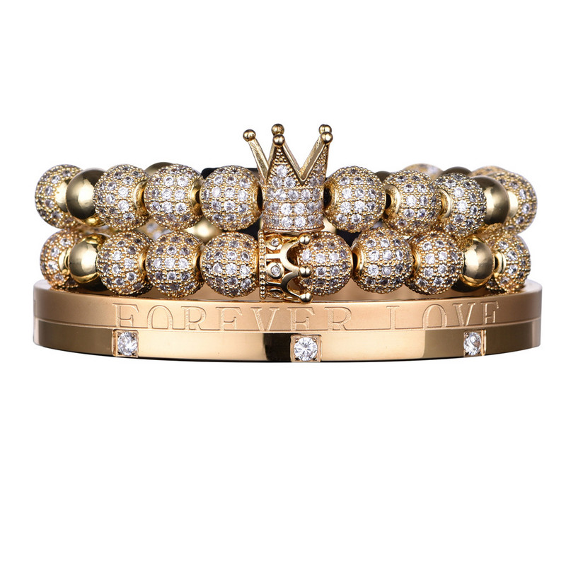 3 tk Luksuslik Micro Pave CZ ümmargused helmed kuninglik võlu meeste käevõrud roostevabast terasest kristallid käevõrud paarile, käsitsi valmistatud ehted, kingitus