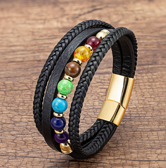 Bohēmijas etniskā stila čakru rokassprādzes vīriešiem Daudzslāņu pītas ar rokām darinātas ādas virves nerūsējošā tērauda kvalitatīvas rotaslietas