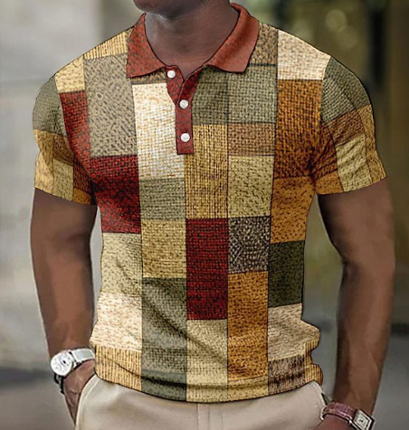 Patchwork színes blokk 3D nyomtatás Vintage Henley ingek Férfi divat Túlméretezett gombos rövid ujjú póló pólók felsők Ruházat