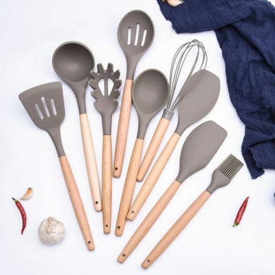 Set de ustensile de bucătărie din silicon Vase de gătit antiaderente din silicon Instrument de gătit pentru bucătărie ecologică Mâner din lemn Spatulă Bătători de ouă