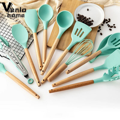 Ustensile de bucătărie verde, mâner din lemn, antiaderente, lingură de silicon pentru temperatură înaltă, spatulă, ustensile de bucătărie