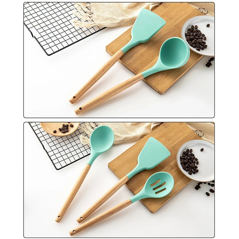 Žali virtuvės reikmenys medinė rankena, neprideganti karšta aukštos temperatūros silikoninė šaukšto sukimo šluotele mentele virtuvės reikmenys