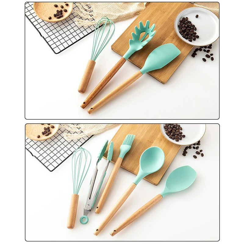 Žali virtuvės reikmenys medinė rankena, neprideganti karšta aukštos temperatūros silikoninė šaukšto sukimo šluotele mentele virtuvės reikmenys