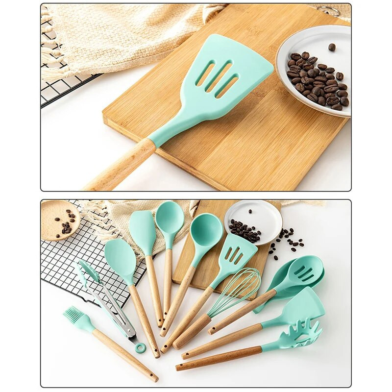 Žali virtuvės reikmenys medinė rankena, neprideganti karšta aukštos temperatūros silikoninė šaukšto sukimo šluotele mentele virtuvės reikmenys