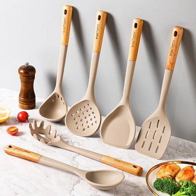 Set de ustensile de bucătărie din silicon cu mâner din lemn, strecurătoare cu spatulă, modern, minimalist, antiaderent, unelte de bucătărie pentru gătit