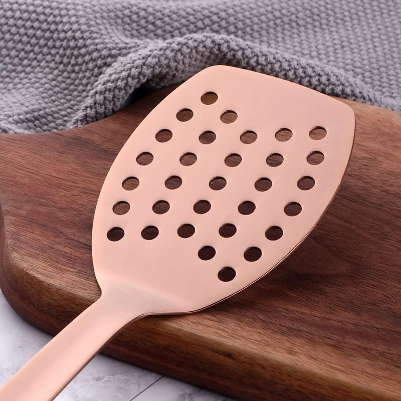 1 vnt nerūdijančio plieno nepridegantis rožinio aukso virtuvės reikmenys, ilgas sriubos šaukštas, virimo įrankiai, metaliniai poliruoti mini šakutės su plyšiais suktuvu