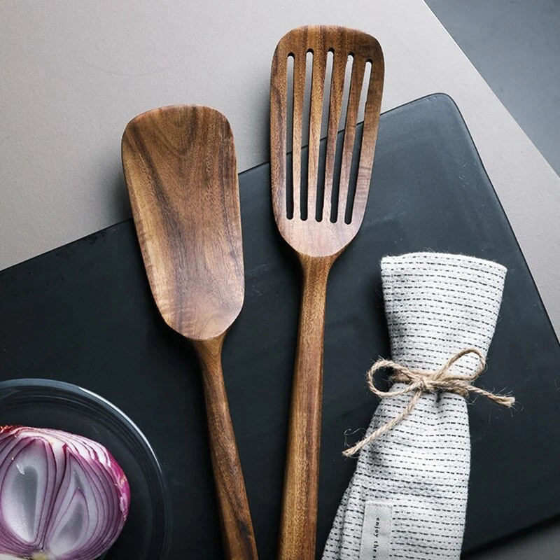 Ξύλινα σκεύη κουζίνας, 2 τμχ Ξύλινα κουτάλια και σπάτουλα για μαγείρεμα, κομψά, μαγειρικά σκεύη για οικιακή χρήση και κουζίνα