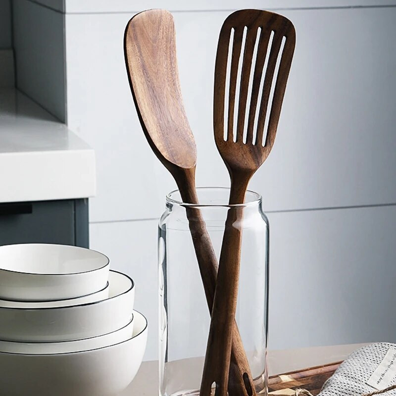 Ξύλινα σκεύη κουζίνας, 2 τμχ Ξύλινα κουτάλια και σπάτουλα για μαγείρεμα, κομψά, μαγειρικά σκεύη για οικιακή χρήση και κουζίνα