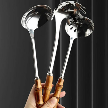 Комплект кухненски инструменти за готвене от неръждаема стомана Бамбукова дръжка Лъжица за супа Гевгир Прах Риболовни съдове за готвене Кухненски съдове Съдове за готвене