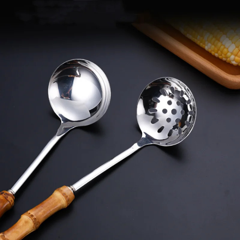 Nerūdijančio plieno virtuvės maisto ruošimo įrankių rinkinys Bambuko rankenos sriubos šaukštas kiaurasamtis milteliai žvejybai virtuvės reikmenys virtuvės reikmenys