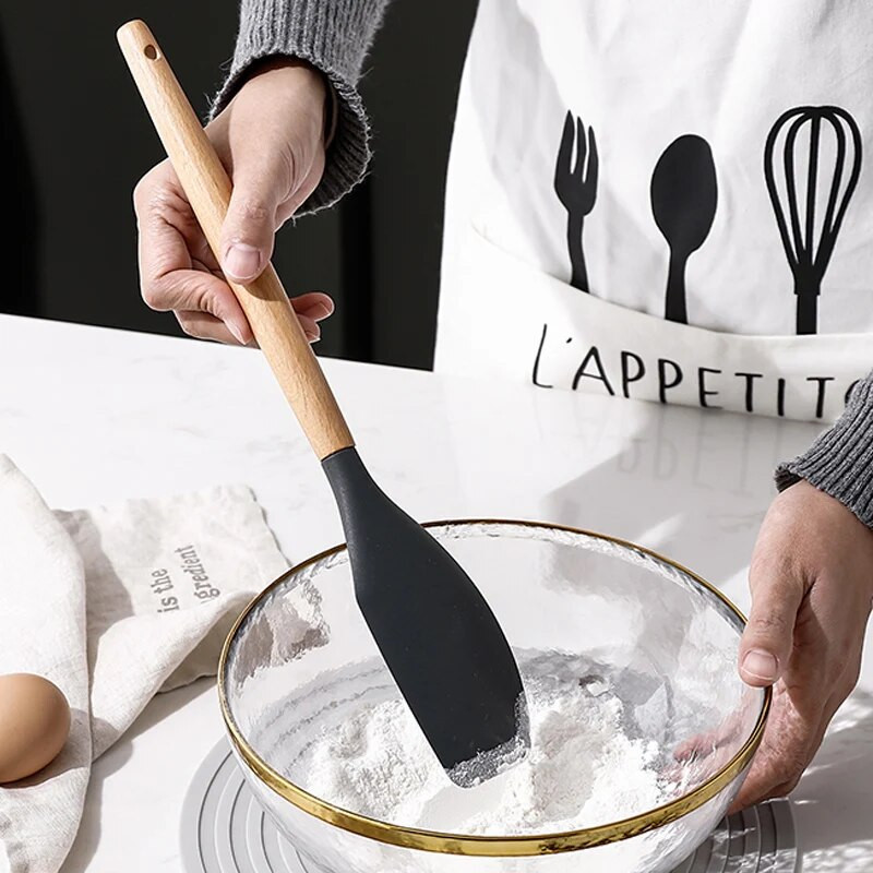 Virtuvės reikmenys Silikoninis mentele šaukštas sriubos kaušelis su įpjovomis varstytojas makaronų serveris Nelipnus silikoniniai maisto gaminimo įrankiai su medine rankena