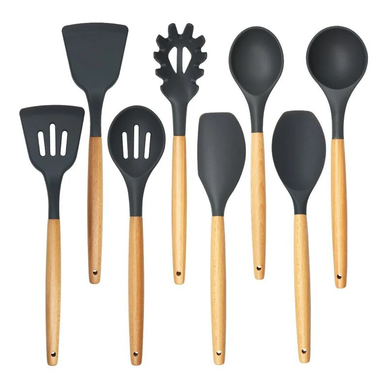 Virtuvės reikmenys Silikoninis mentele šaukštas sriubos kaušelis su įpjovomis varstytojas makaronų serveris Nelipnus silikoniniai maisto gaminimo įrankiai su medine rankena