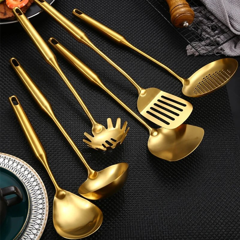 Rozsdamentes acél leves Rizskanál Spatula szűrőlapát Arany Hosszú nyelű Tapadásmentes Étterem Konyhai edények Főzőedény