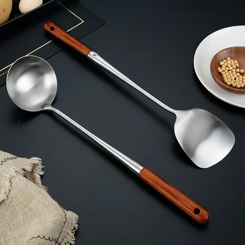 Konyhai edények Wok spatula vasaló és merőkanál szerszámkészlet rozsdamentes acél főzőeszközökhöz, tartozékokhoz