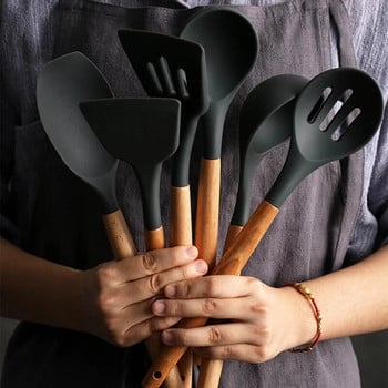 Дървена дръжка Силиконова шпатула Топлоустойчива Лъжица за супа Незалепваща Готварска лопата Кухненски съдове за готвене 8 стила