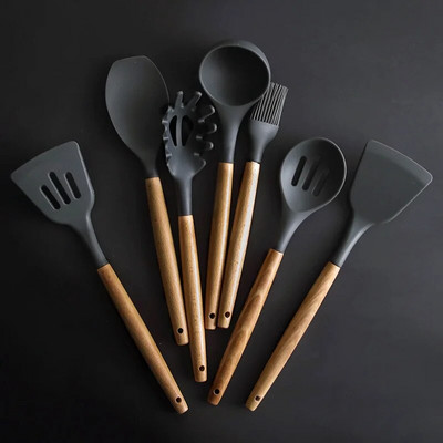 Дървена дръжка Силиконова шпатула Топлоустойчива Лъжица за супа Незалепваща Готварска лопата Кухненски съдове за готвене 8 стила