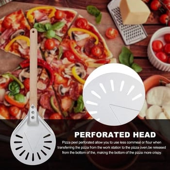 Алуминиева перфорирана кора за пица, метална кръгла гребло за пица, неплъзгаща се дървена дръжка, шпатула за пица
