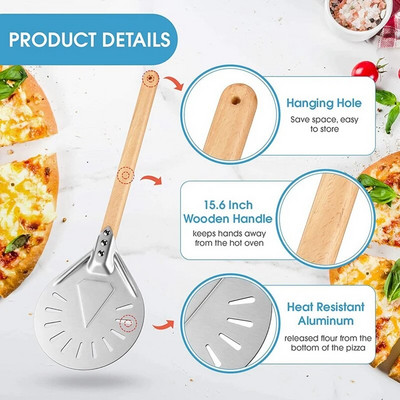 Алуминиева перфорирана кора за пица, метална кръгла гребло за пица, неплъзгаща се дървена дръжка, шпатула за пица