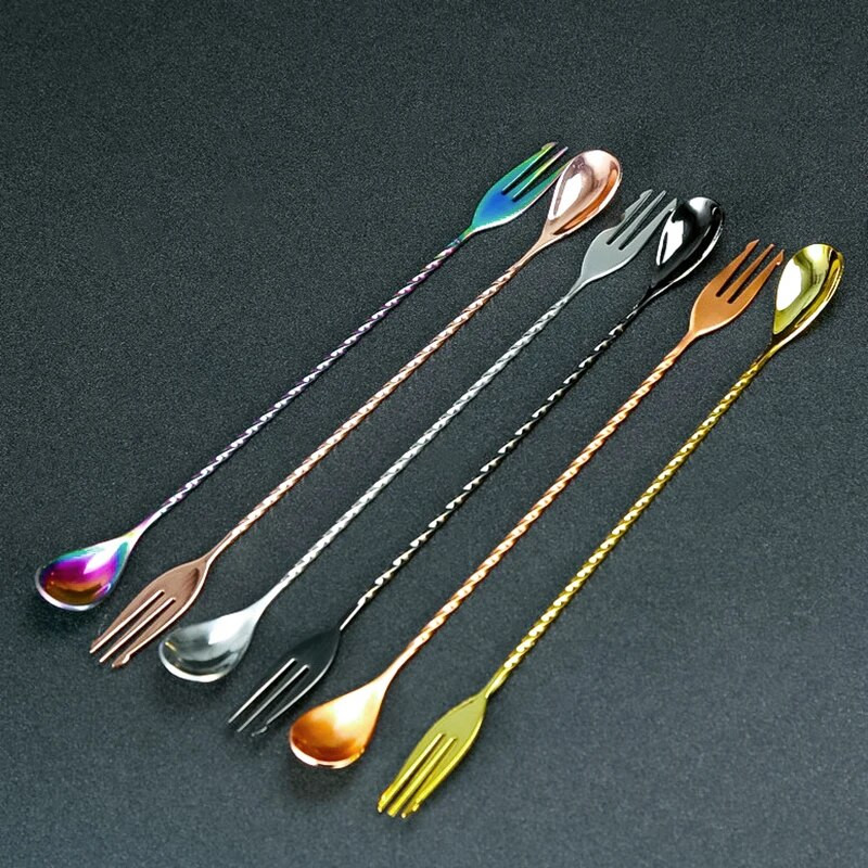 Kokteilių šaukštas Šaukštas Nerūdijančio plieno maišymo spiralės raštų juostos įrankis Barmeno įrankiai Barmeno šaukštas su šakute