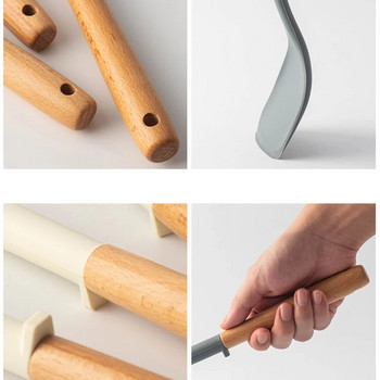 Дървени кухненски инструменти за готвене с дълга дръжка Комплект силиконови съдове за готвене Шпатула Лопата Лъжица за супа Незалепващо кухненско приспособление